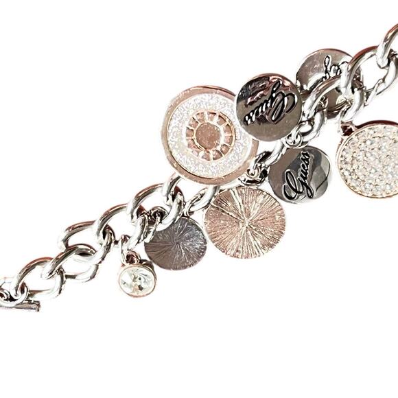 Guess Y2K Charm Link Bracelet Silver Rose Gold Crystal Logo Dangle Modern Glam - Picture 9 of 12